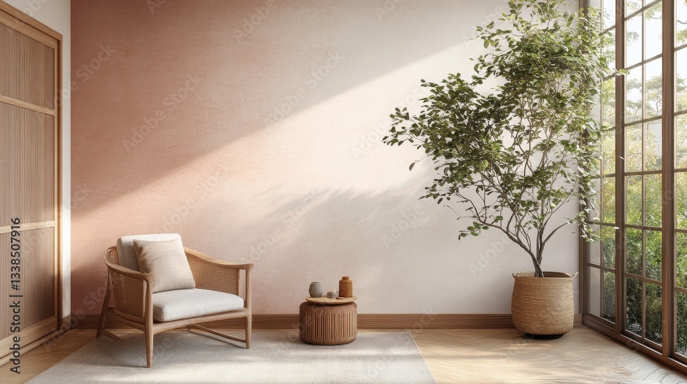 Fototapeta premium Serene Minimalist Room Design with Warm Peach Walls and Natural Light