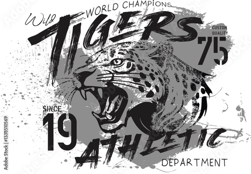 Vintage varsity college typography new york city slogan print with tiger head illustration, leopard varsity typography, T- shirt graphics print vector design, tiger varsity illustration. Urban slogan