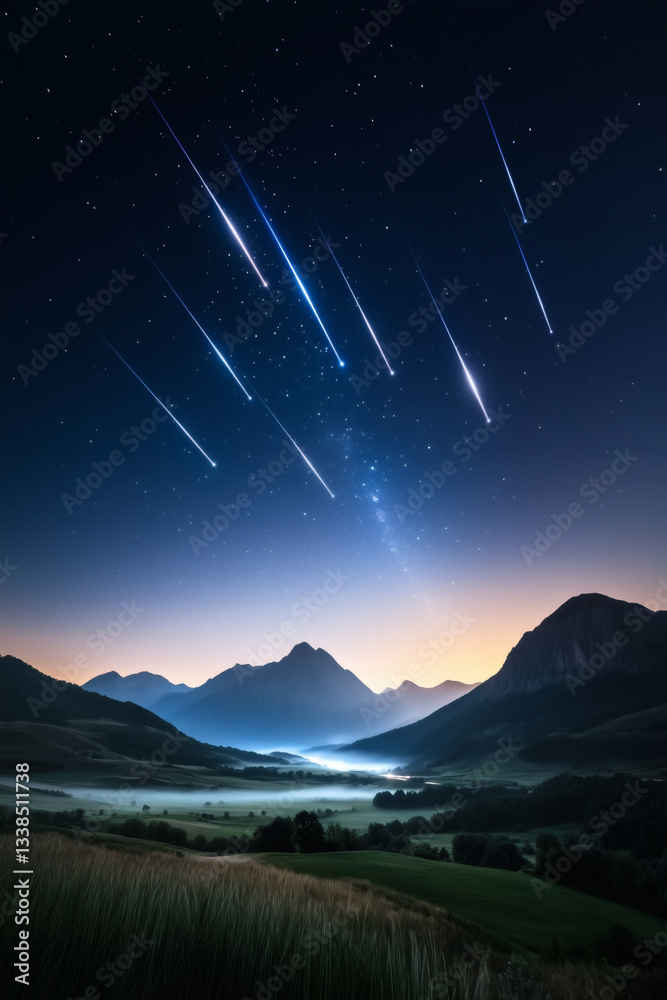 Fototapeta premium Night sky meteor shower over mountains and valley