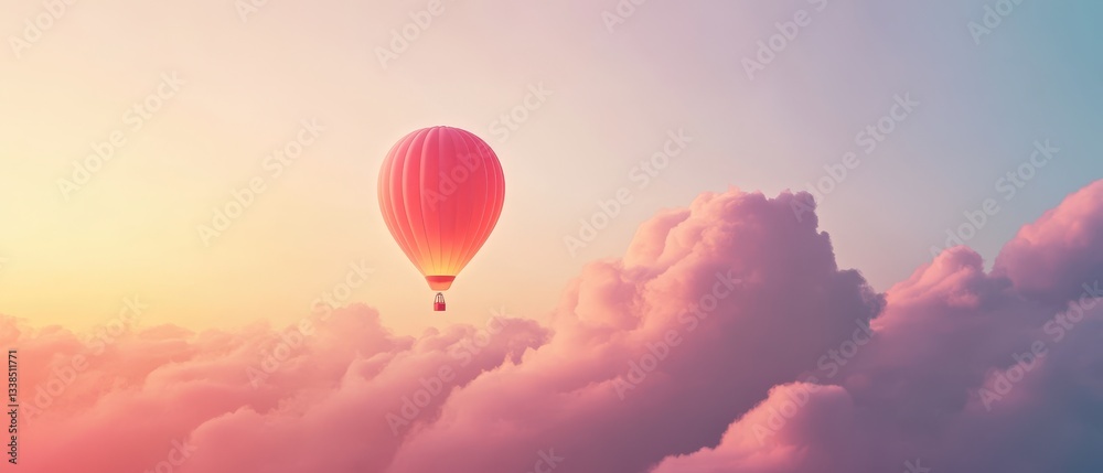 Fototapeta premium Colorful Hot Air Balloon Floating Above Dreamy Clouds at Sunrise