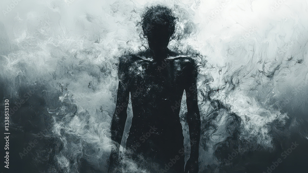 Obraz premium Shadowy figure embodies inner turmoil and conflict surrounding borderline personality disorder during a moment of introspection