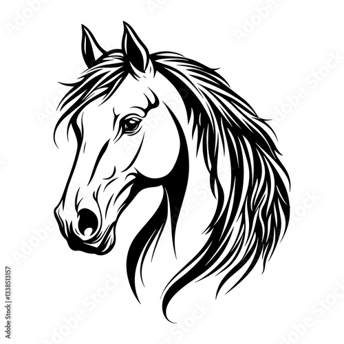 A stylish black and white vector illustration of a horse head, featuring bold lines and dynamic details. Ideal for logos, tattoos, equestrian themes, branding, and artistic designs. photo