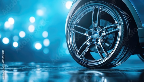 A close-up of an aluminum wheel with chrome rims, centered on the screen against a blue background.