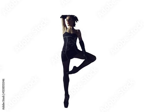 ballerina in total black style in a dress and tights poses silhouetted elements of ballet, isolated on transparent background, png