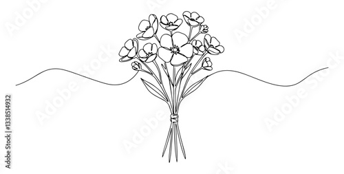 flower bouquet with tied stems and ornamental line in elegant black line illustration