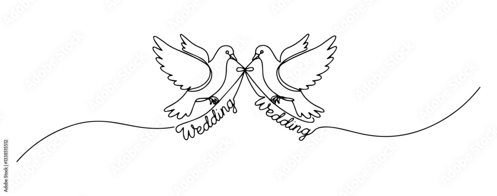 two wedding doves with ribbons thin black line contour drawing in a flat vector format two wedding doves with ribbons thin black line contour drawing in a flat vector format