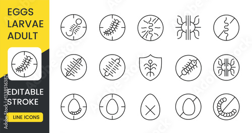 A set of line icons illustrating parasite life stages, with an editable stroke. The icons represent parasite eggs, larvae, and adult forms, including worms, insects, and microscopic organisms