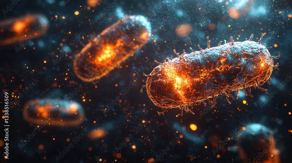 Bacterial battle against antibiotics visualized as glowing particles piercing membranes Bacterial battle against antibiotics visualized as glowing particles piercing membranes
