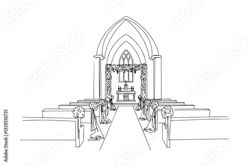 church altar prepared for wedding ceremony single-line vector design