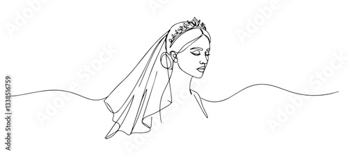 bride with veil and floral headband single-line vector design