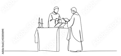 priest at altar during holy mass drawn in sacred minimalist monoline black lineart