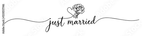 just married wedding text with bouquet and heart in romantic line art