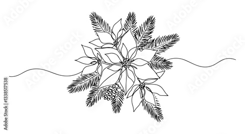 poinsettia flower arrangement with fir branches and cones in festive line art