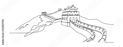 great wall of china snaking through hills in linear black and white illustration