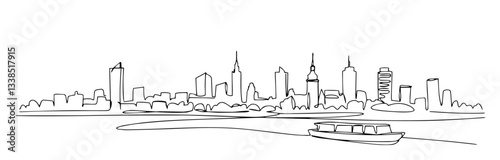 city skyline with river and boat drawn in continuous line technique
