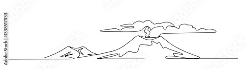 smoking volcano mountain landscape with clouds in line drawing style