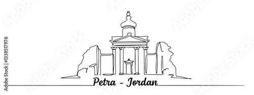 famous petra jordan ancient rock-cut temple in line drawing style