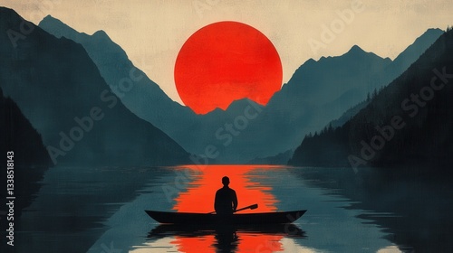 Serene Sunset: A Solitary Figure in a Rowboat on a Calm Lake, Mountains and a Large Red Sun in the Background photo