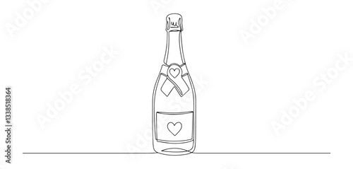 champagne bottle with heart label drawn in celebratory romantic line art