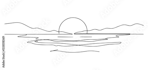 sunset on the horizon drawn in peaceful minimalist one line illustration