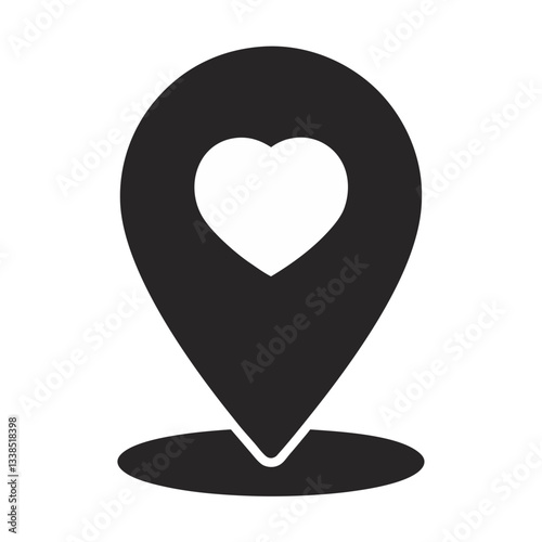 black map pin with white heart symbolizing favorite location and love – flat silhouette icon for apps and websites
