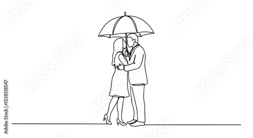 romantic couple under umbrella in the rain drawn in elegant minimalist line art