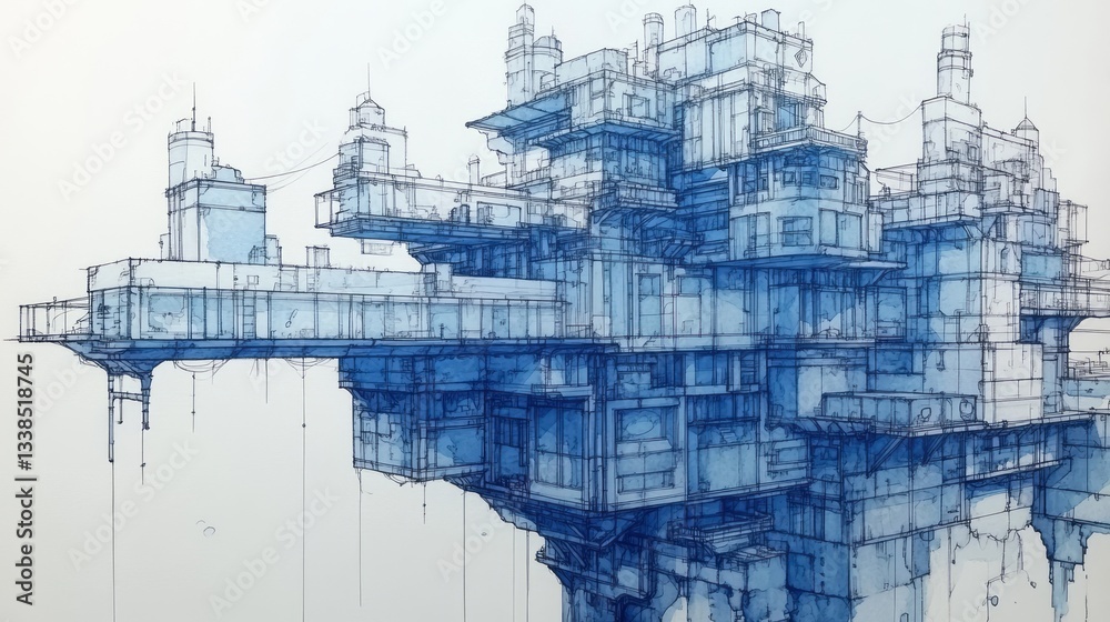 Fototapeta premium Blueprint illustration showcases a complex architectural structure with intricate details