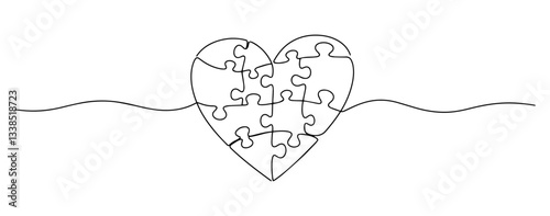 puzzle pieces forming a heart shape drawn in symbolic minimalist line drawing