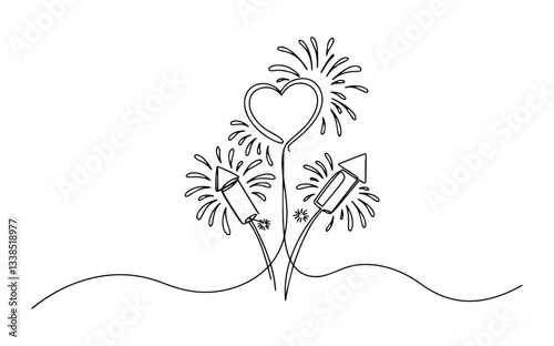 heart surrounded by fireworks and rockets drawn in festive one line style