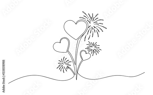 hearts with fireworks celebration drawn in joyful minimalist line drawing