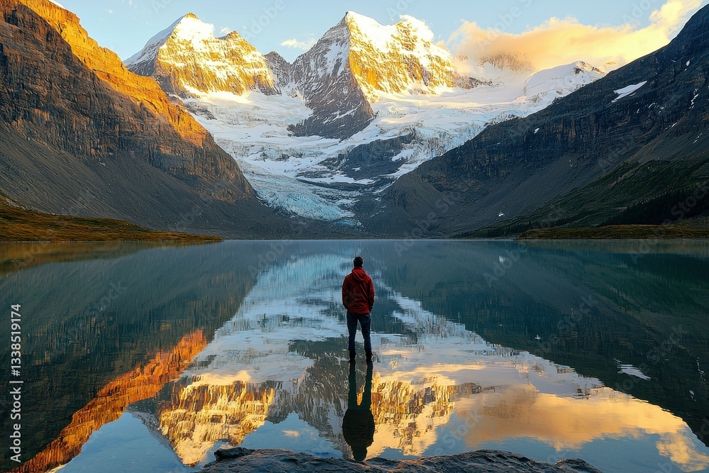 Travelers Reflection in a Still Mountain Lake A lone explorer stands at the edge of a crystal-clear alpine lake, their reflection perfectly mirrored in the water. Travelers Reflection in a Still Mountain Lake A lone explorer stands at the edge of a crystal-clear alpine lake, their reflection perfectly mirrored in the water.