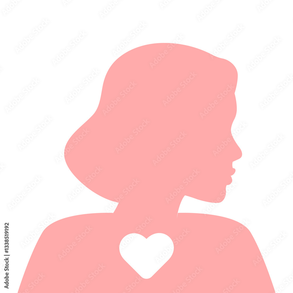 Silhouette of woman with heart. Self-care, care of self-body and mental health, love your body concept. Body positive, healthcare poster. International women's day vector postcard, Mother's Day Silhouette of woman with heart. Self-care, care of self-body and mental health, love your body concept. Body positive, healthcare poster. International women's day vector postcard, Mother's Day