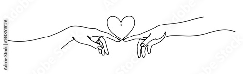two hands reaching with heart between drawn in romantic minimalist line style