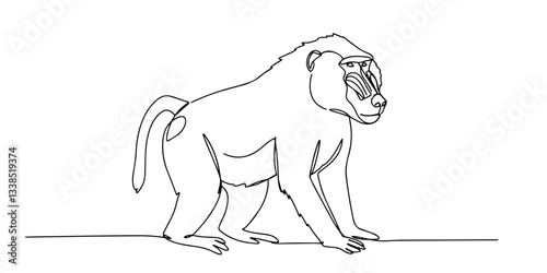 baboon sitting upright drawn in expressive minimalist one line drawing
