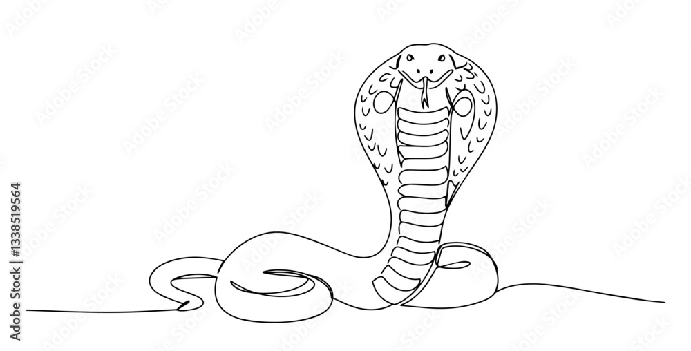 Fototapeta premium cobra snake with spread hood in striking pose drawn in one line style