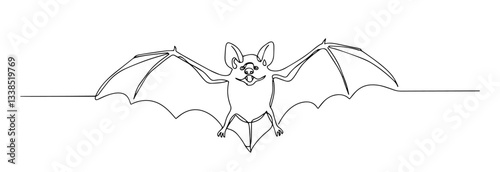 bat with open wings flying drawn in dark minimalist one line style