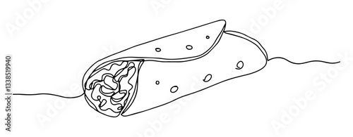 mexican burrito wrapped with filling in clean continuous line illustration