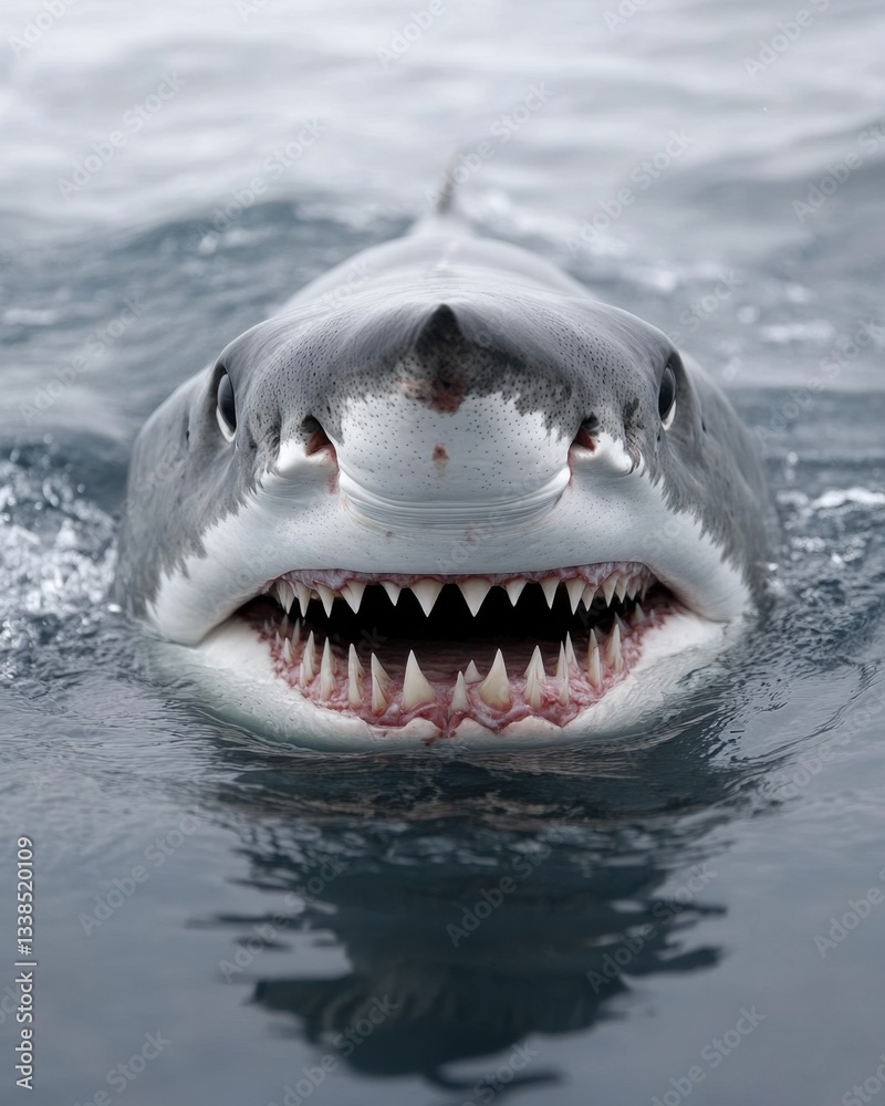 Fototapeta premium Impressive great white shark with open mouth showing its sharp teeth in ocean water surface close up