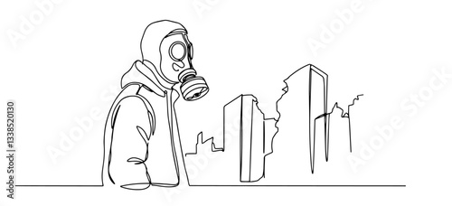 man in gas mask looking at destroyed city skyline in apocalyptic one line illustration style