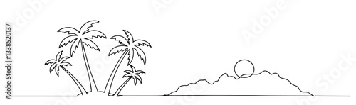 tropical island with palm trees and mountain sunset drawn in minimalist one line art style