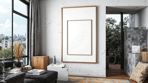 modern living room featuring large empty frame on textured wall, complemented by stylish furniture and view of city through large windows. space exudes contemporary and blank poster mockup