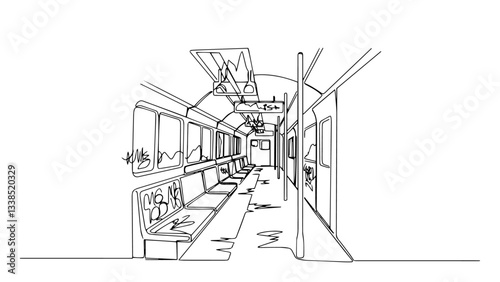 abandoned subway train interior destroyed by war drawn in line illustration
