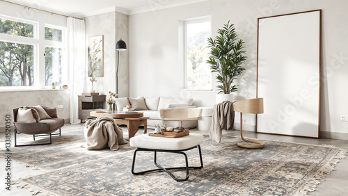 modern living room featuring cozy atmosphere with neutral tones, stylish furniture, and natural light streaming through large windows. space includes comfortable sofa, blank poster mockup