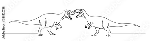 two carnivorous dinosaurs fighting face to face in dramatic line illustration