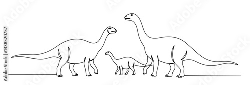 dinosaur family with adult and baby sauropods drawn in minimalist line art