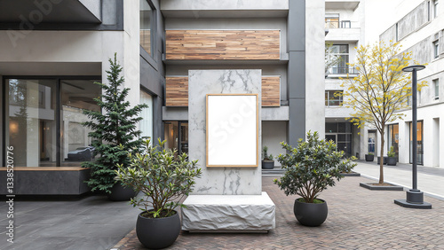 Modern architecture features minimalist outdoor space with blank advertising board surrounded by greenery. elegant design includes potted plants and clean, blank poster mockup