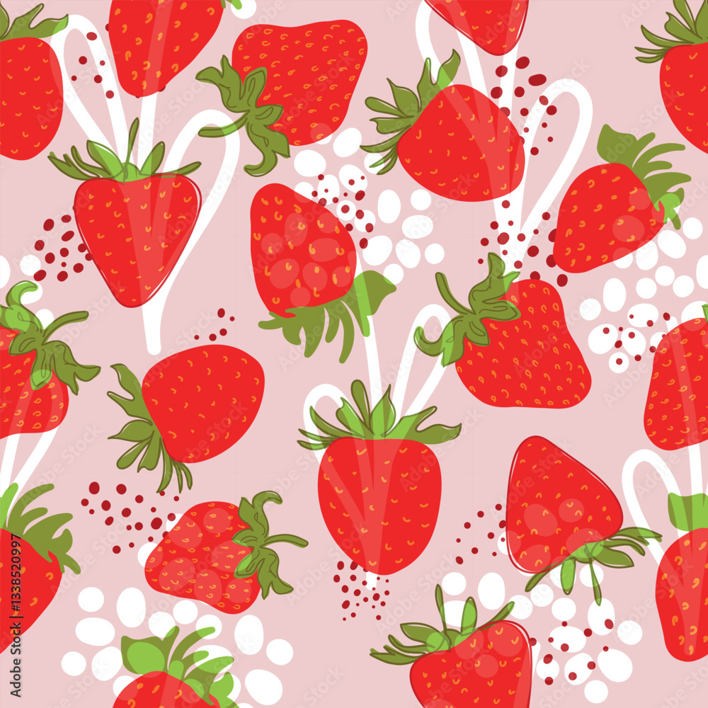 A solid drawing of fresh strawberries. Seamless texture. Pink. Doodle. Red berry - minimal style. Healthy eating. Hand-drawn vector illustration for textile, wallpaper. Handwriting. A solid drawing of fresh strawberries. Seamless texture. Pink. Doodle. Red berry - minimal style. Healthy eating. Hand-drawn vector illustration for textile, wallpaper. Handwriting.