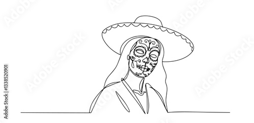 woman with sugar skull makeup wearing traditional sombrero hat in minimalist one line style