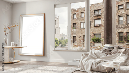 bright and airy living room features large windows showcasing view of urban architecture. space is adorned with cozy blanket and minimalist decor, blank poster mockupe