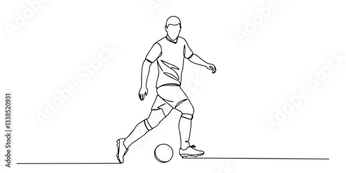 soccer player dribbling ball in dynamic motion drawn with minimal continuous line style